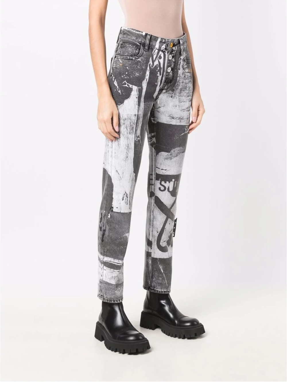 Off-White High-Rise Graphic Print Jeans in Black & White